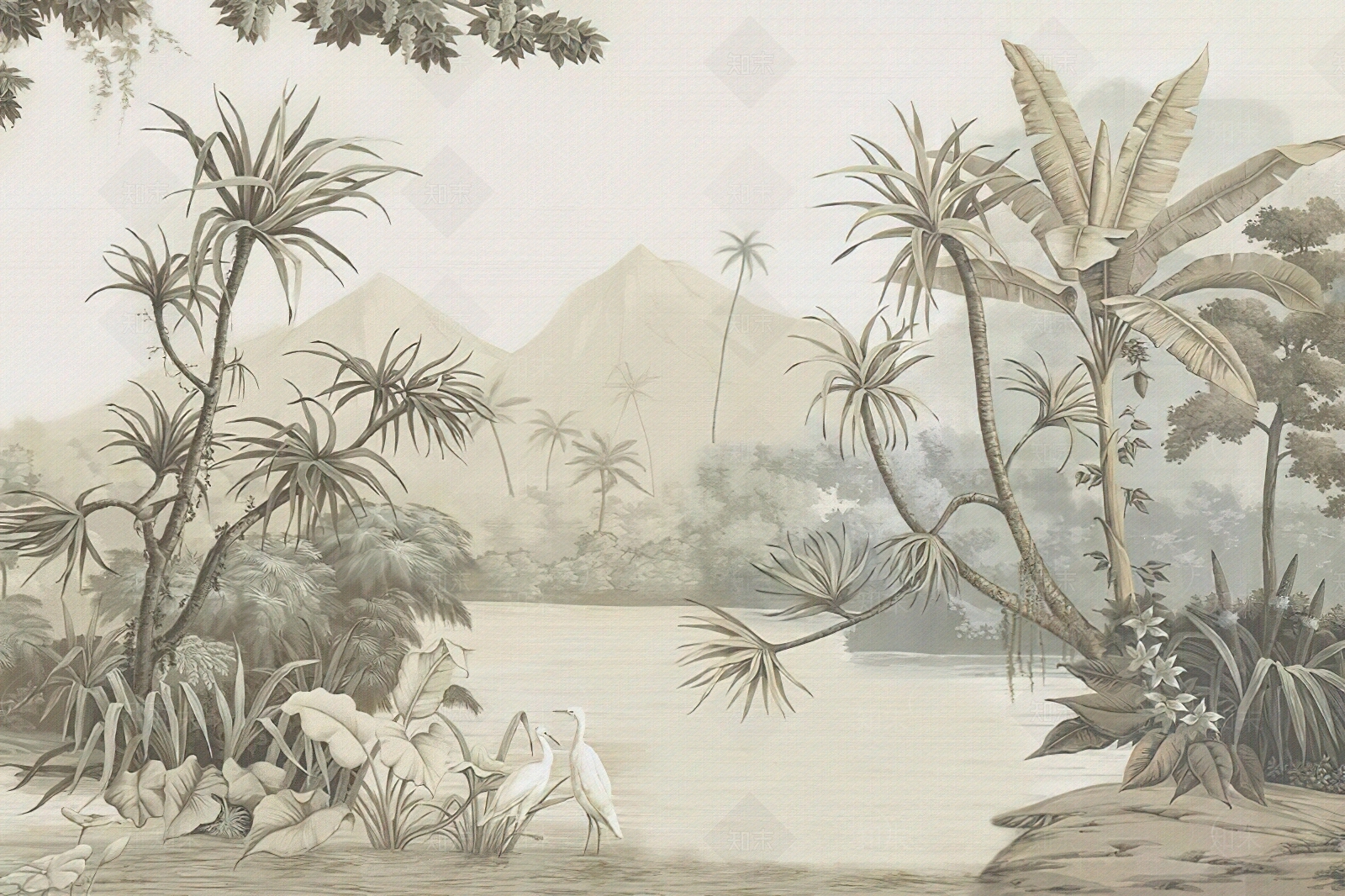 田园热带植物清新欧式复古壁画贴图下载【ID:1158167998】