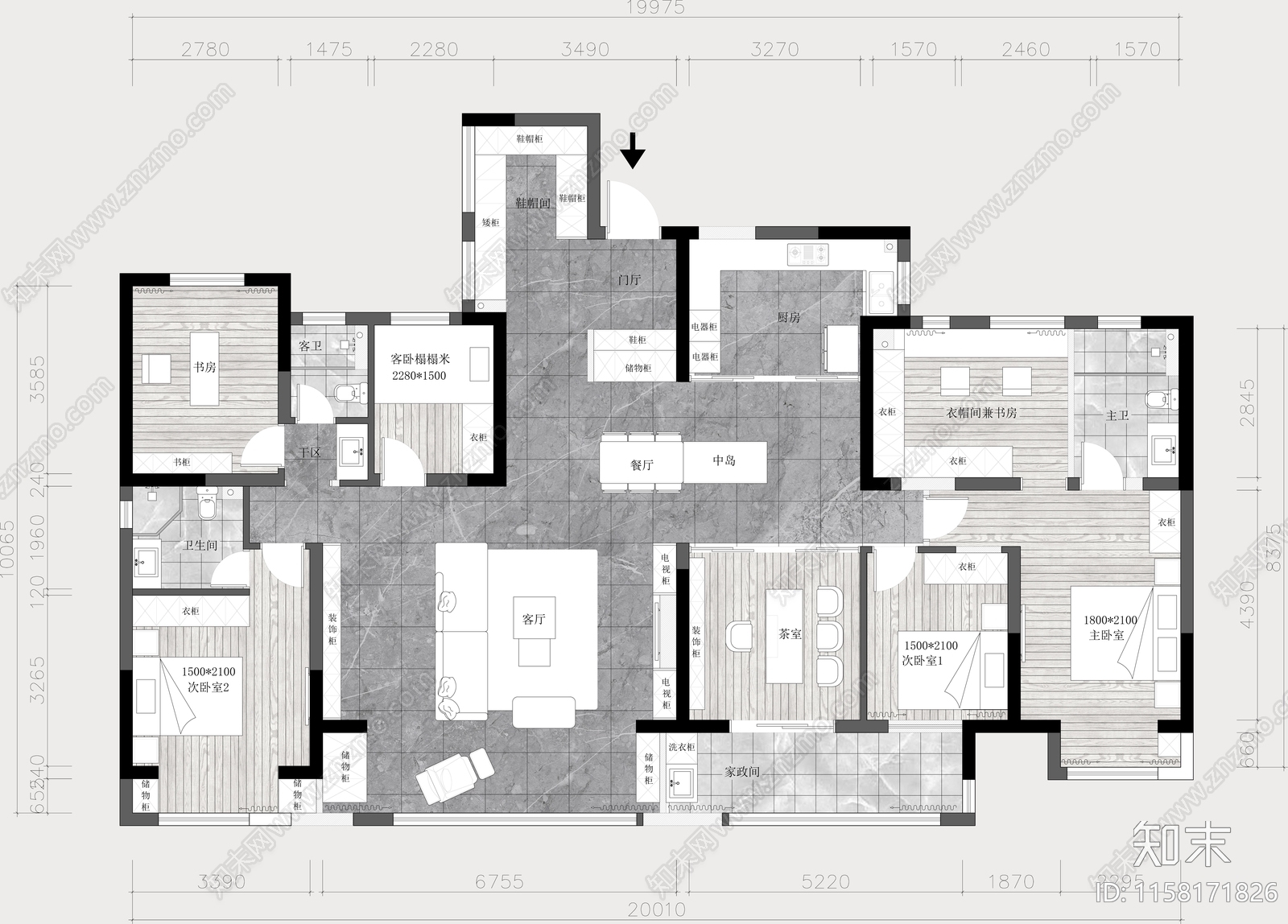 家装两套打通平面设计方案施工图下载【ID:1158171826】
