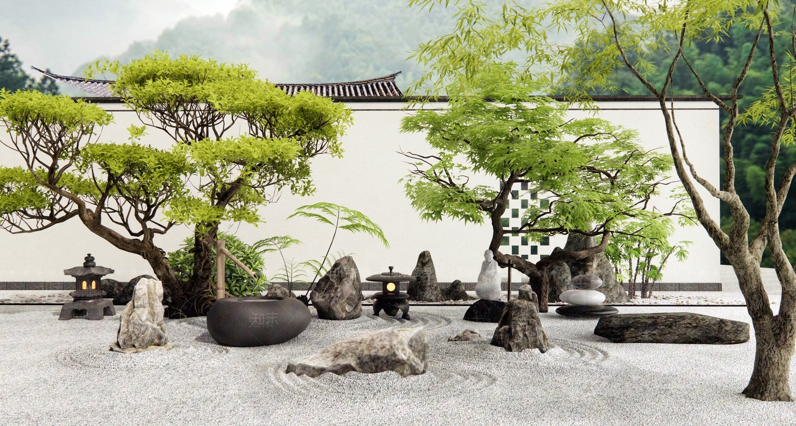 日式禅意枯山水庭院小品景观SU模型下载【ID:1158182790】