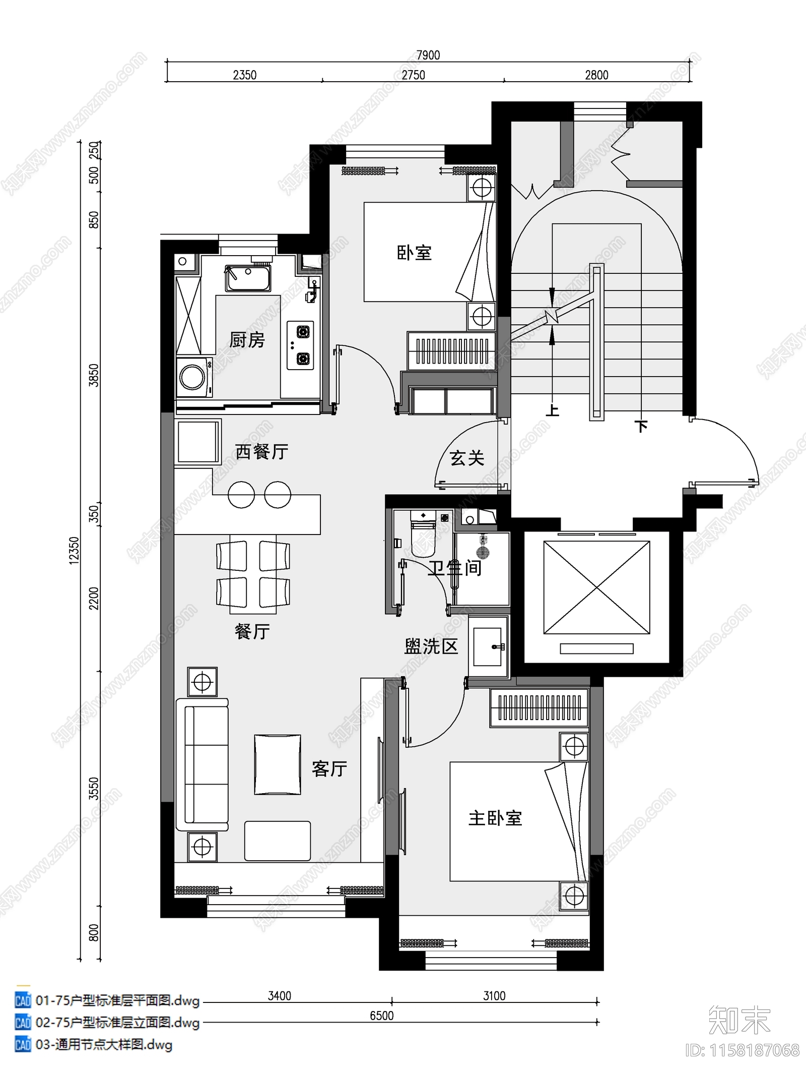 79㎡三室二厅精装刚需户型样板施工图下载【ID:1158187068】