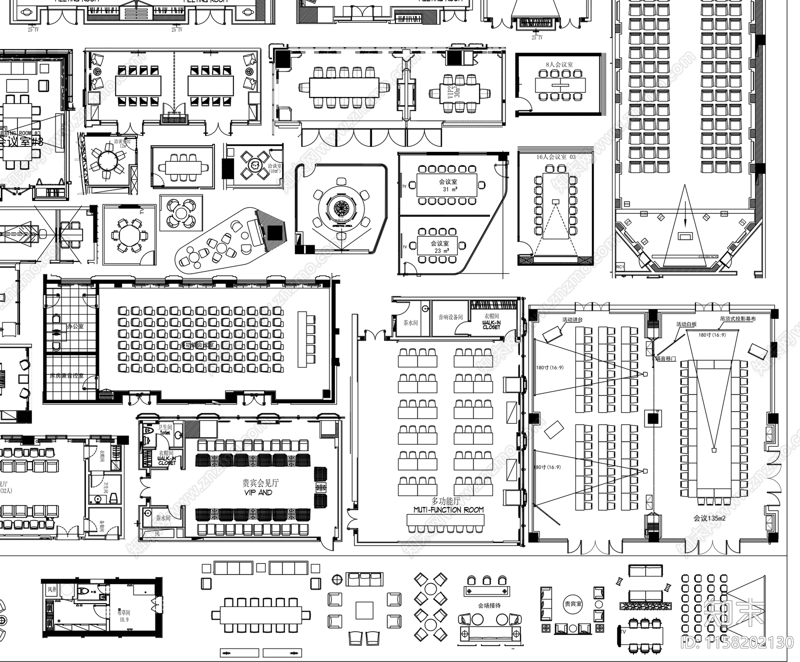 会议室图块cad施工图下载【ID:1158202130】