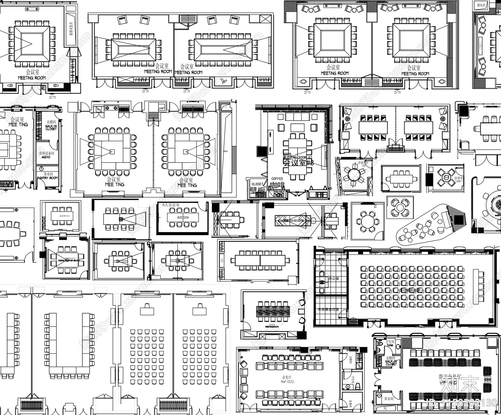 会议室图块cad施工图下载【ID:1158202130】