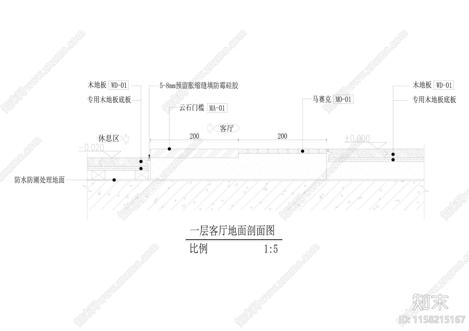 客厅地面剖面图cad施工图下载【ID:1158215167】