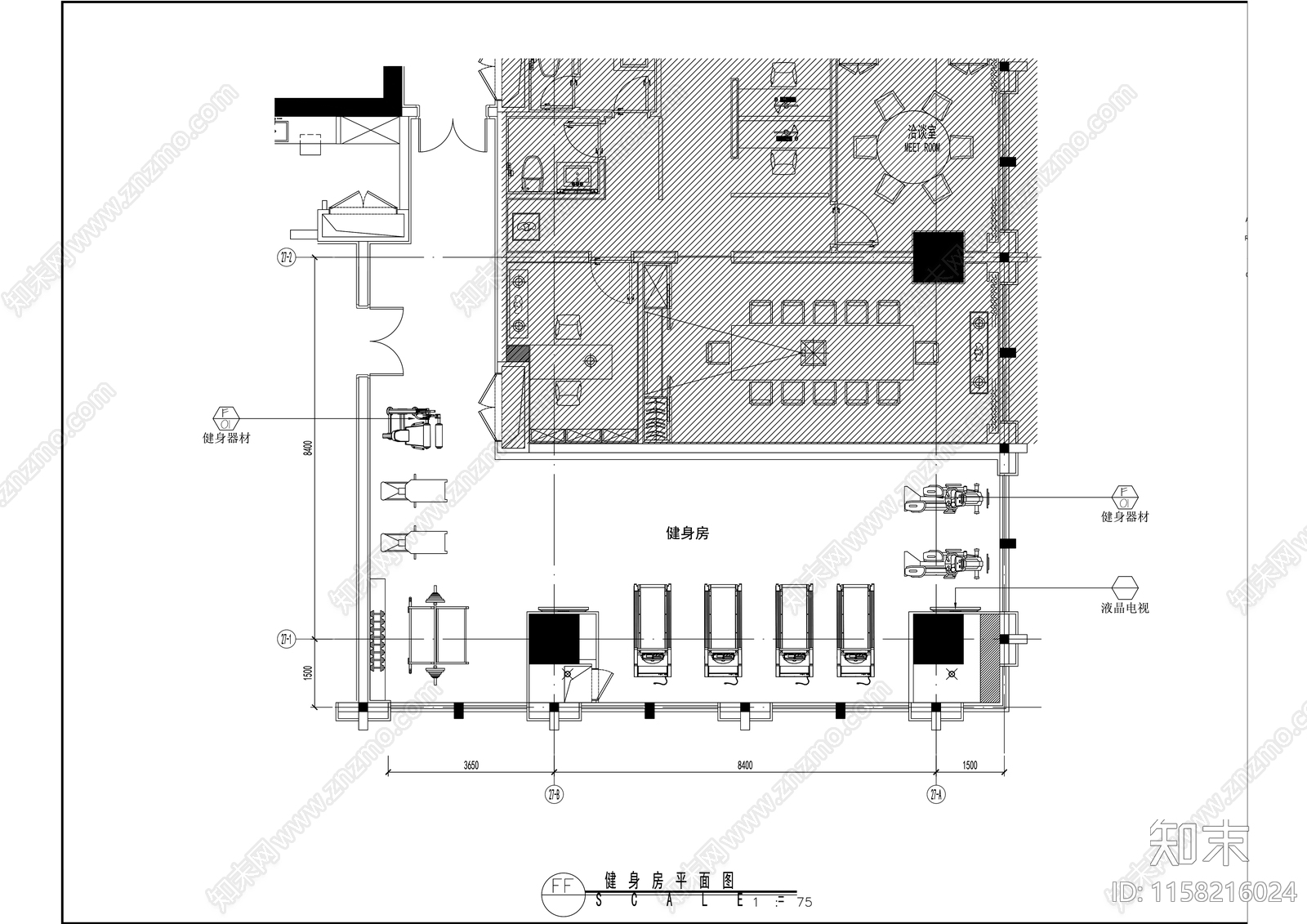 现代风格办公楼健身房室内精装修cad施工图下载【ID:1158216024】