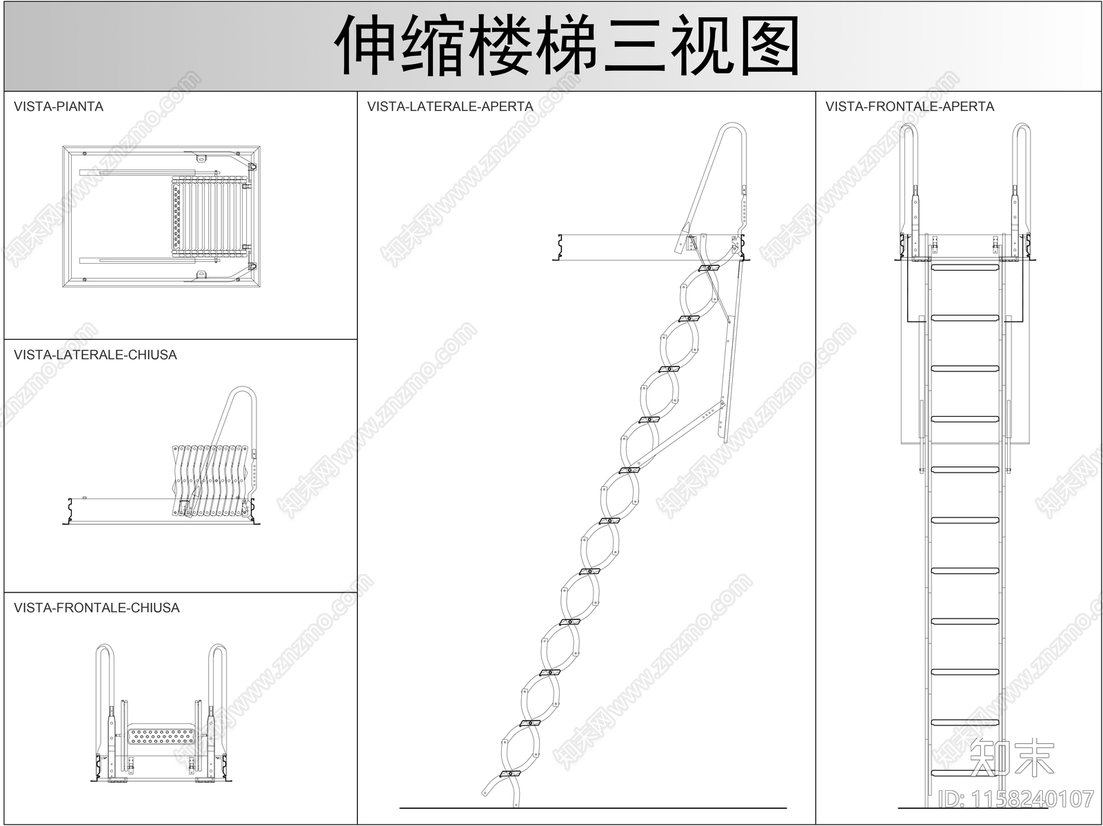 伸缩楼梯三视图施工图下载【ID:1158240107】