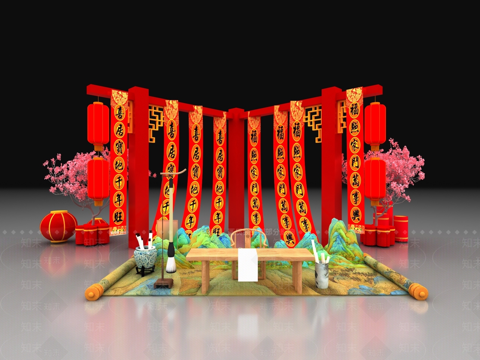 新中式新年书法挂画美陈SU模型下载【ID:1158279744】