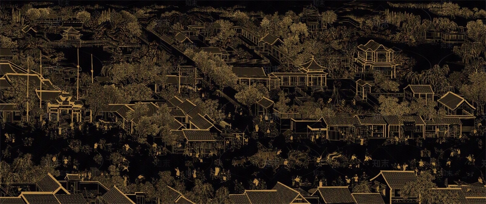 黑金色古建筑清明上河图贴图下载【ID:1158263249】