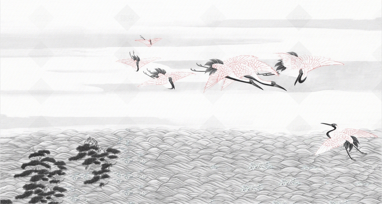 灰色新中式仙鹤壁画壁布贴图下载【ID:1158263624】
