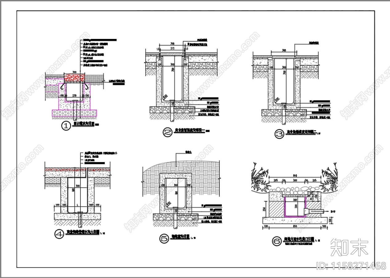景观工程不同形式截水沟及盲沟做法详图cad施工图下载【ID:1158271468】