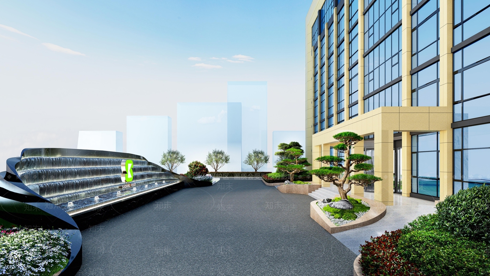 现代办公大楼大门水景3D模型下载【ID:1158276267】