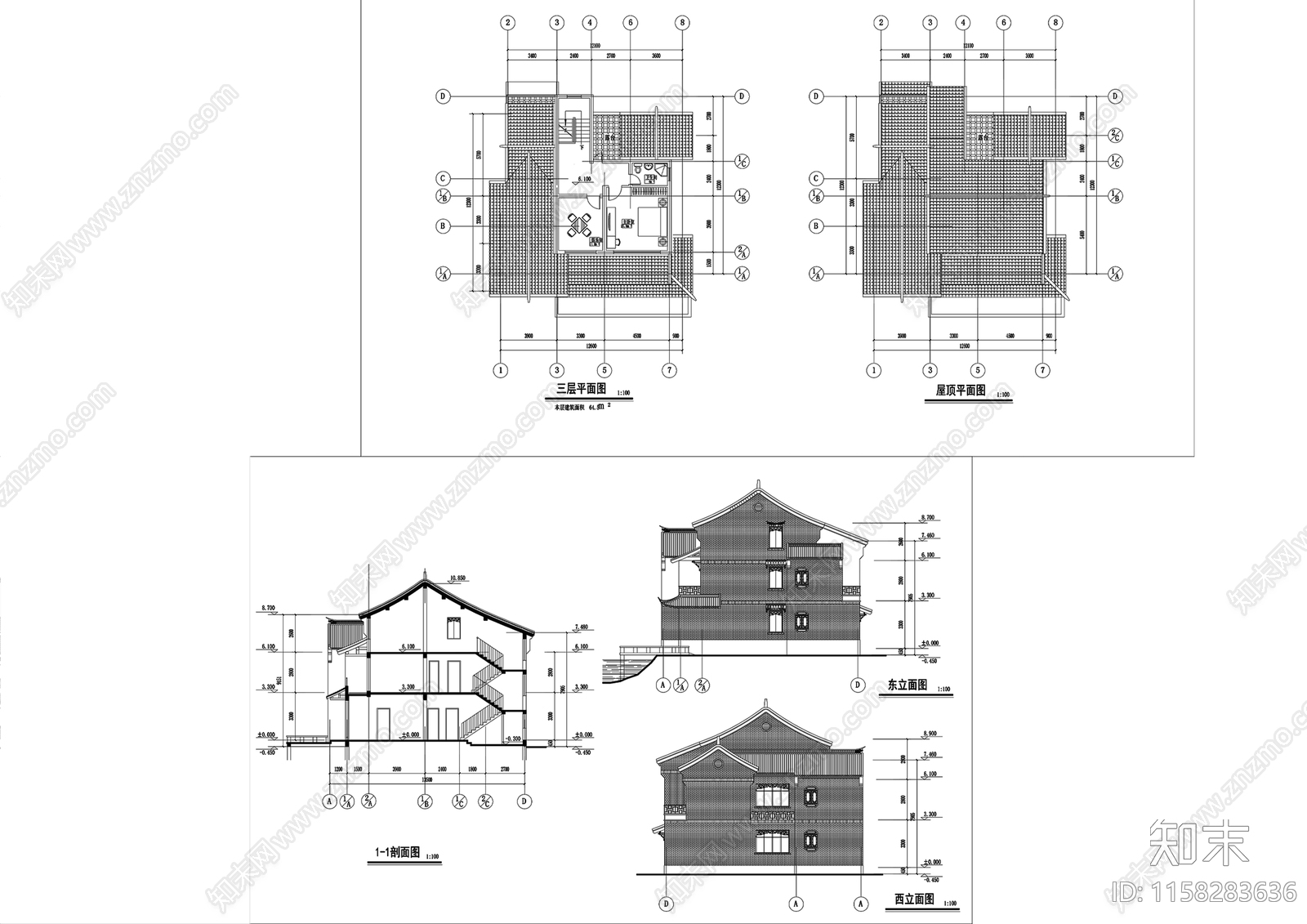 古镇民居cad施工图下载【ID:1158283636】