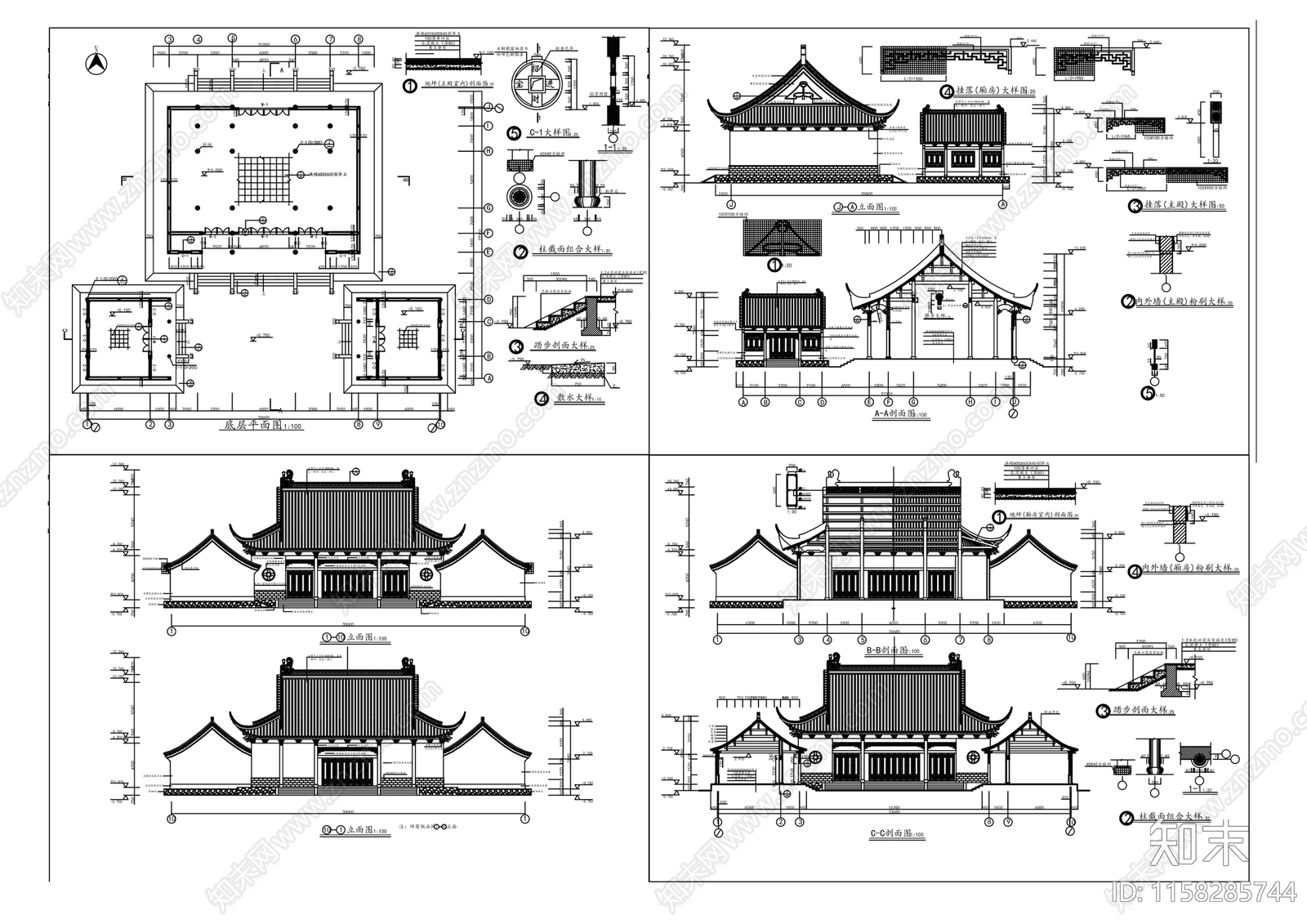 财神殿建筑方案图cad施工图下载【ID:1158285744】