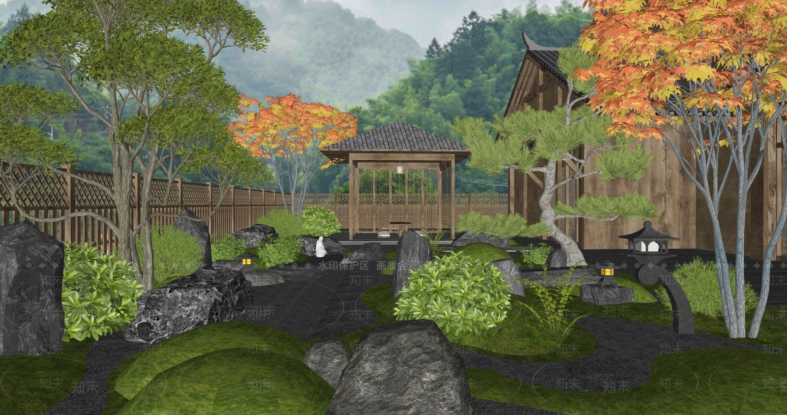 日式禅意庭院景观SU模型下载【ID:1158297538】