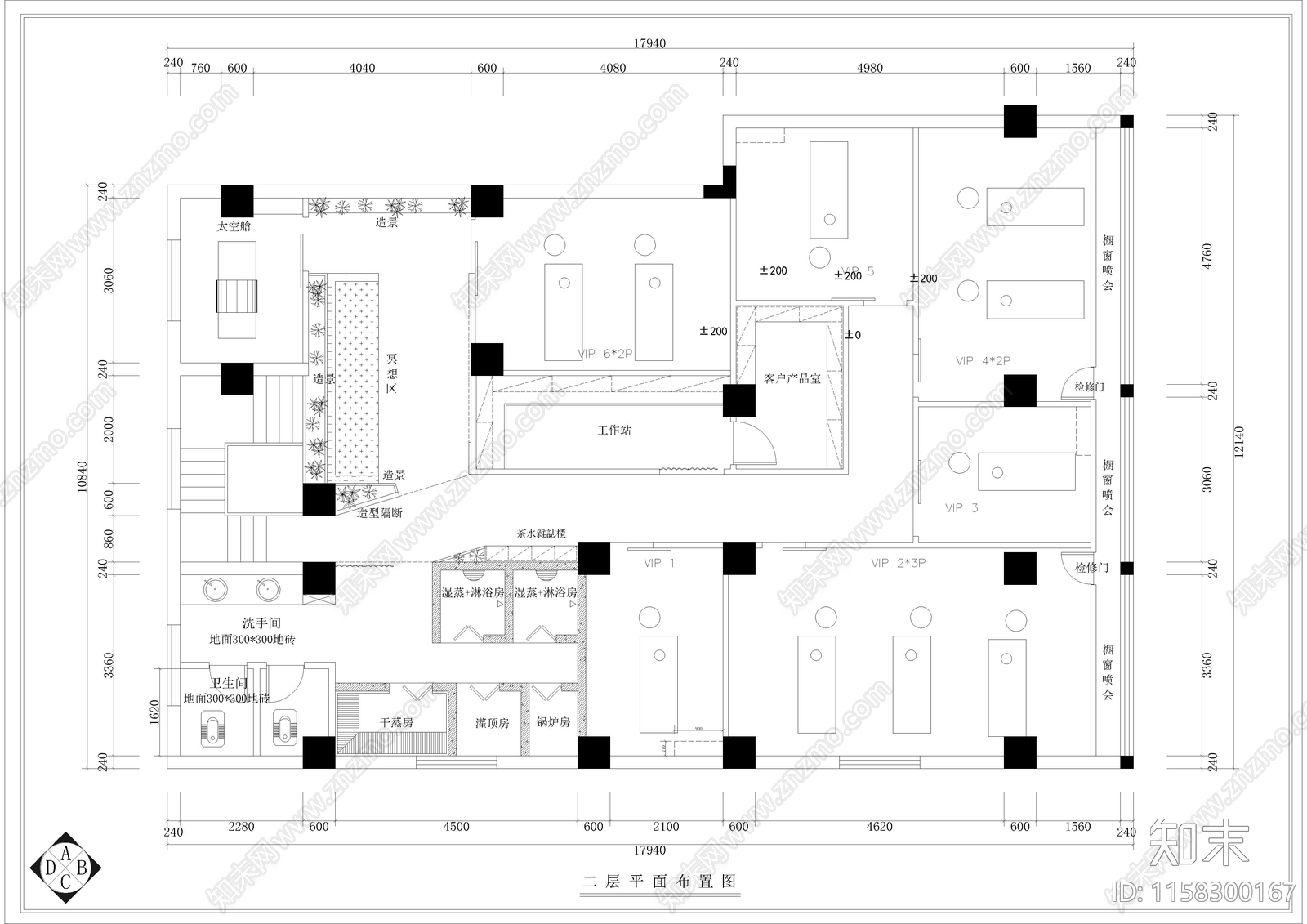 330㎡SPA水疗cad施工图下载【ID:1158300167】