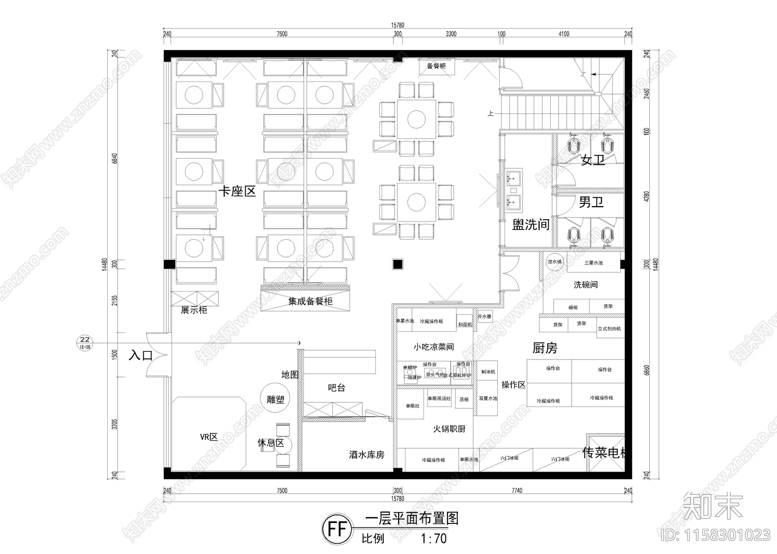 500㎡火锅店cad施工图下载【ID:1158301023】