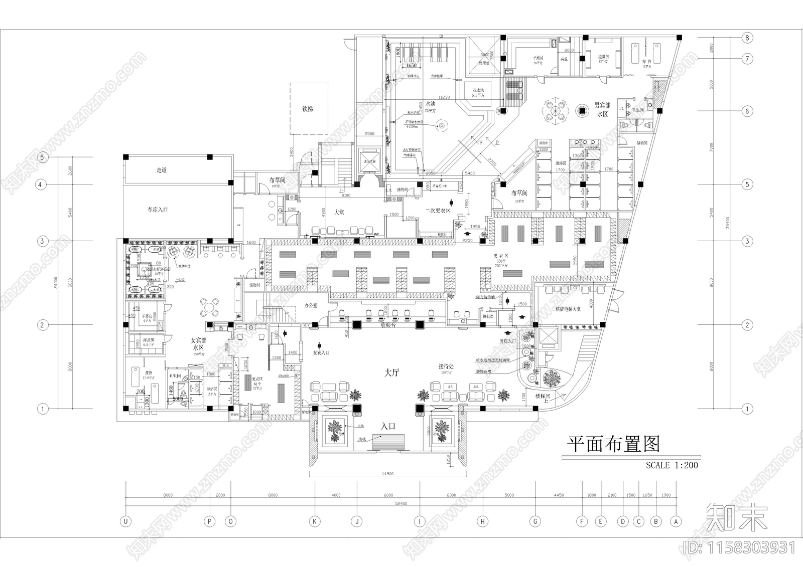 1600㎡汤泉水疗cad施工图下载【ID:1158303931】