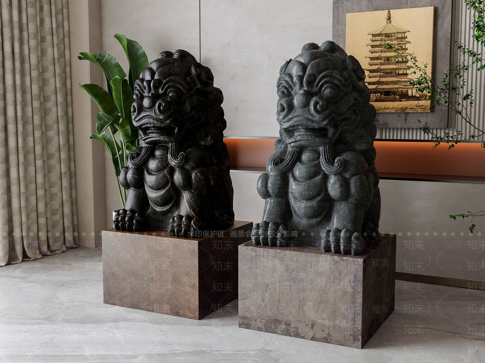 新中式大门石狮子雕塑摆件3D模型下载【ID:1158304421】