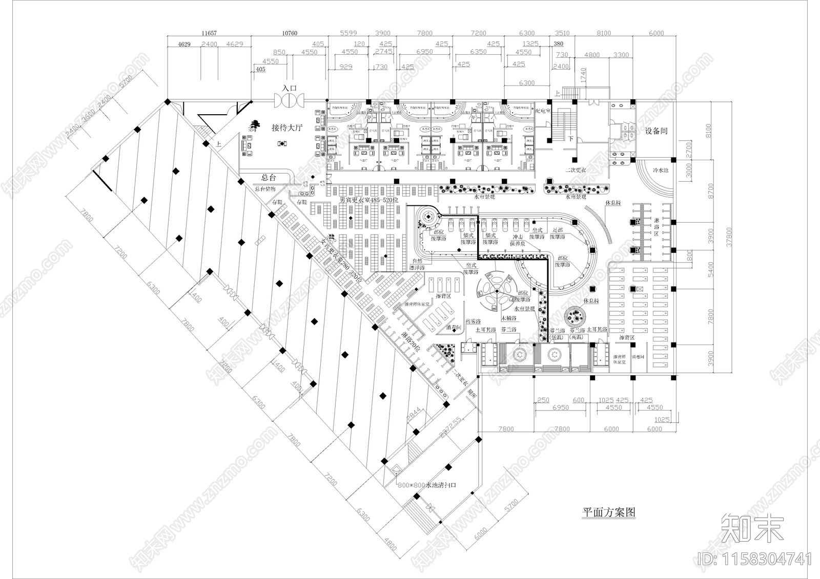 3050㎡汤泉水疗洗浴平面施工图下载【ID:1158304741】