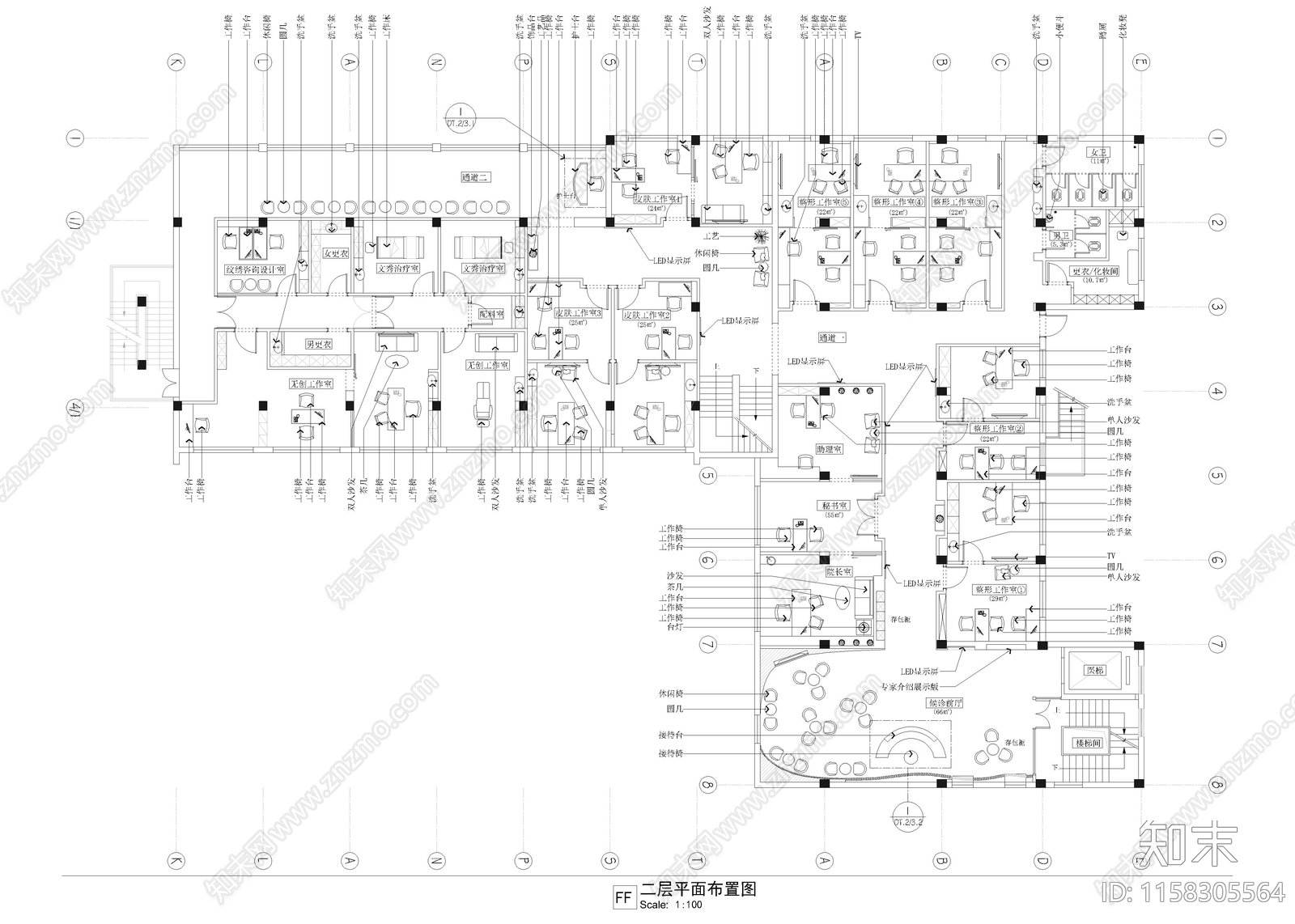 3630㎡美容院cad施工图下载【ID:1158305564】