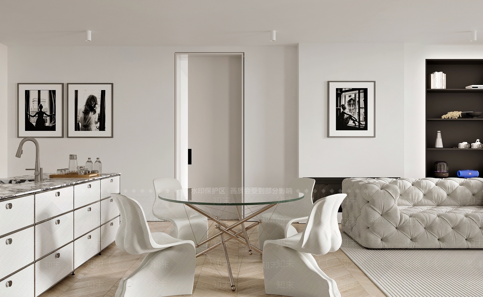 现代餐厅玻璃餐桌餐椅沙发装饰品挂画地板吧台移门3D模型下载【ID:1158309178】