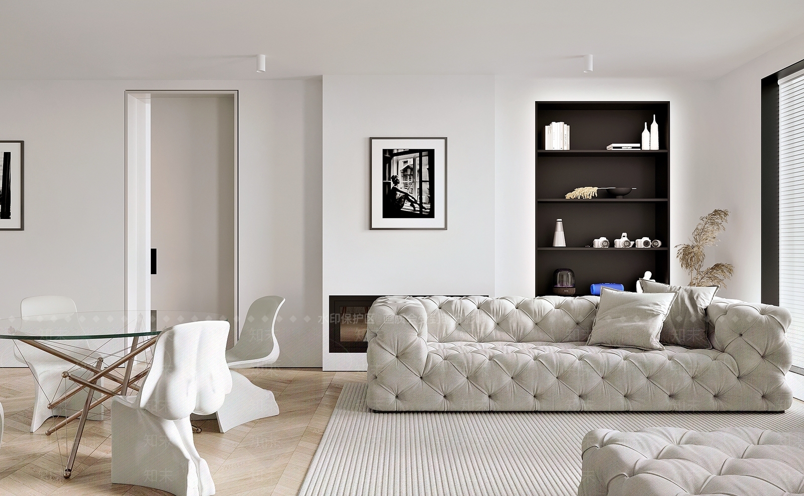 现代餐厅玻璃餐桌餐椅沙发装饰品挂画地板吧台移门3D模型下载【ID:1158309178】