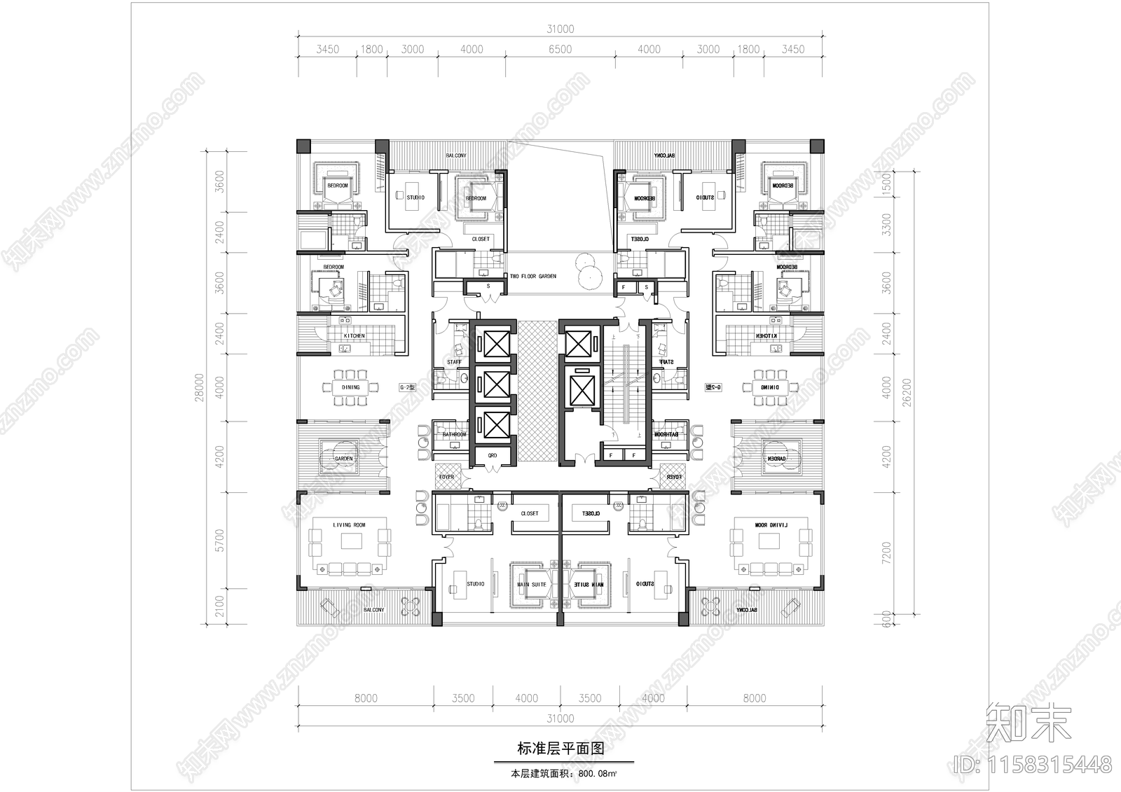 四代宅高层豪宅400平户型cad施工图下载【ID:1158315448】