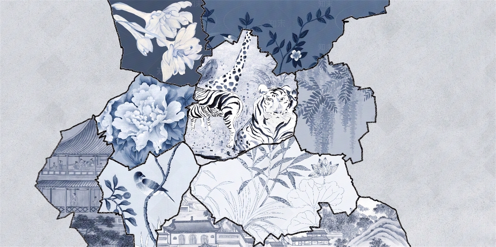 新中式蓝色老虎壁纸壁布贴图下载【ID:1158343349】