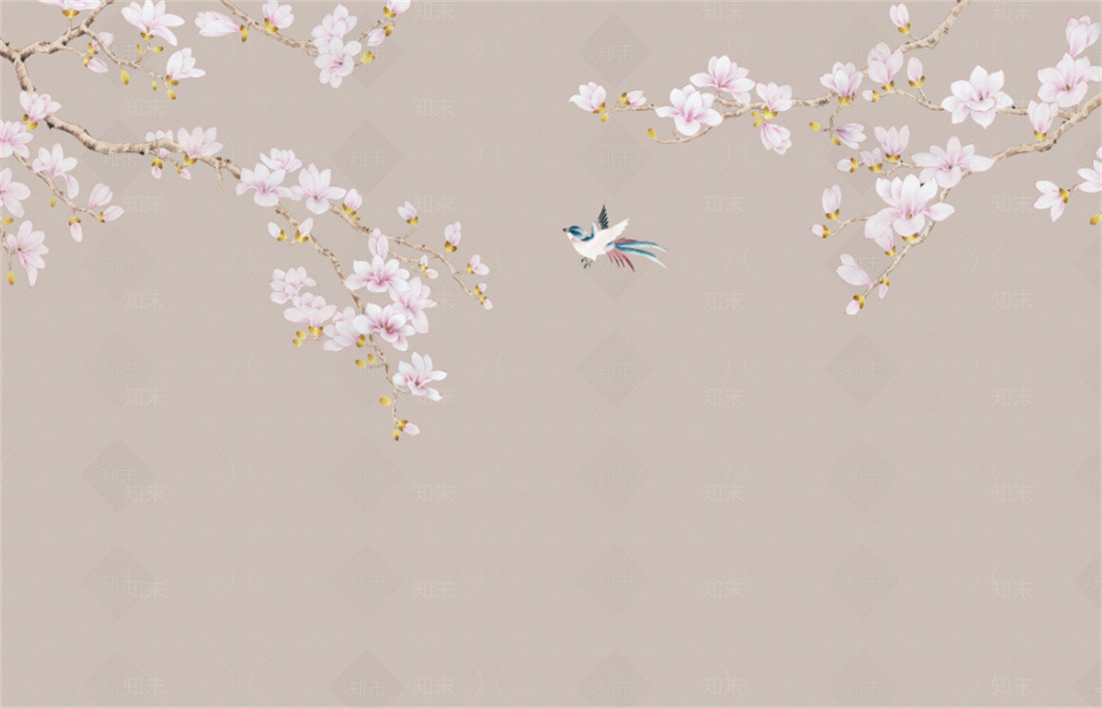 灰色新中式树枝花鸟装饰画壁布壁画硬包贴图下载【ID:1158347530】