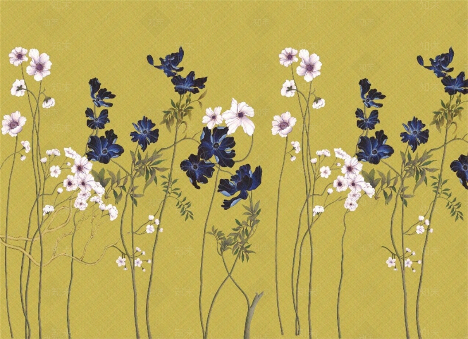 黄色新中式树枝花鸟装饰画壁布壁画硬包贴图下载【ID:1158347866】