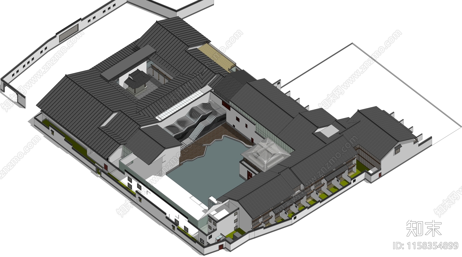 新中式酒店建筑SU模型下载【ID:1158354899】