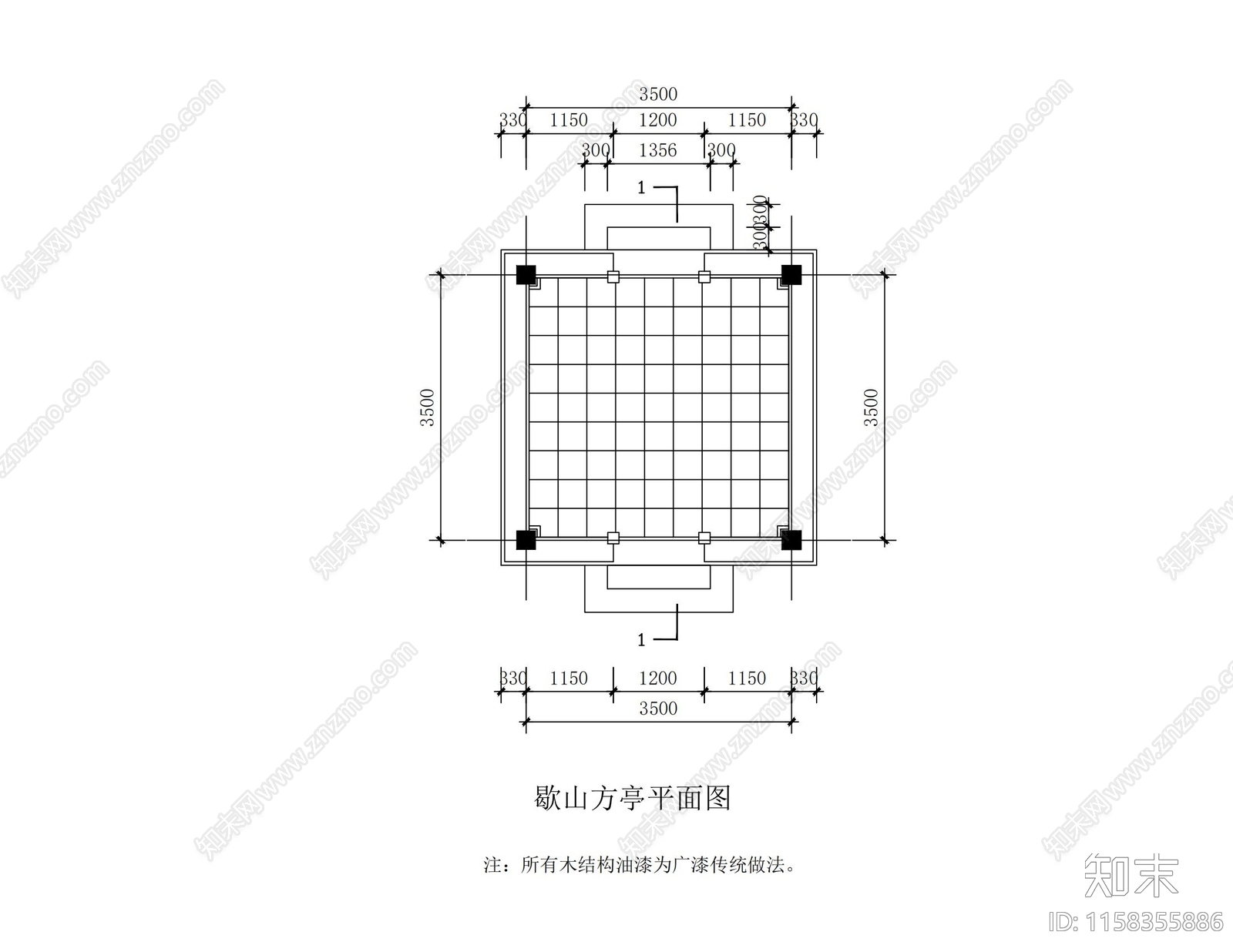 四角方亭cad施工图下载【ID:1158355886】
