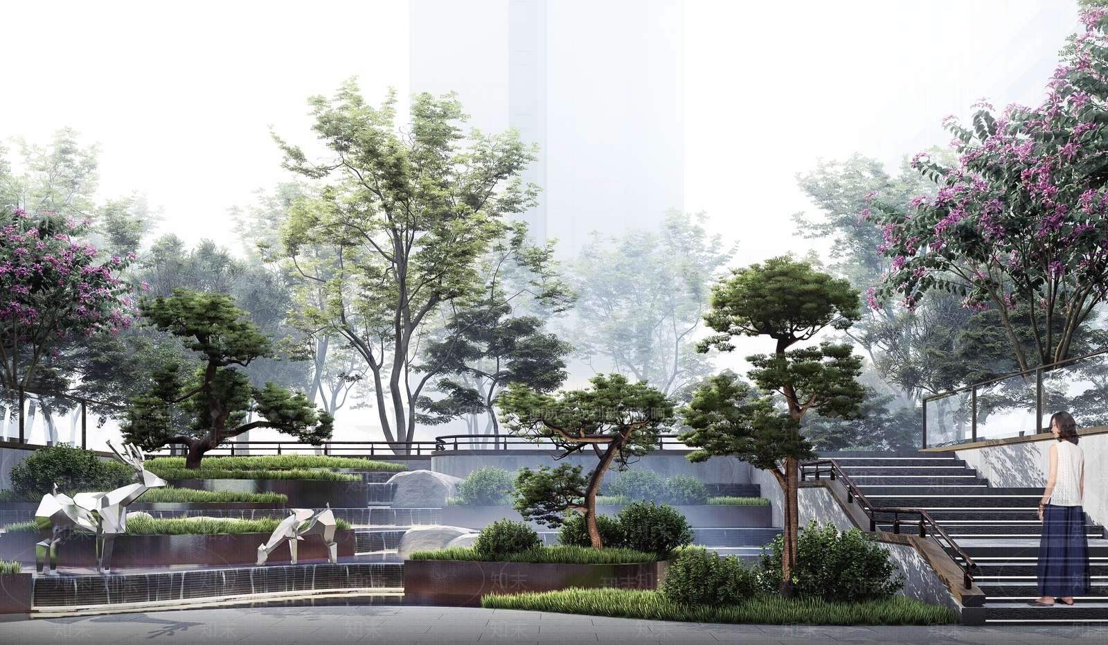 新中式跌水景观SU模型下载【ID:1158357074】