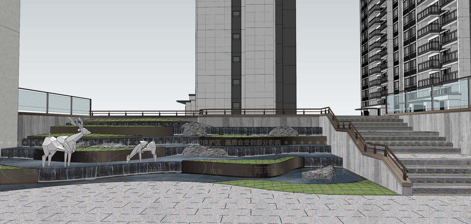 新中式跌水景观SU模型下载【ID:1158357074】