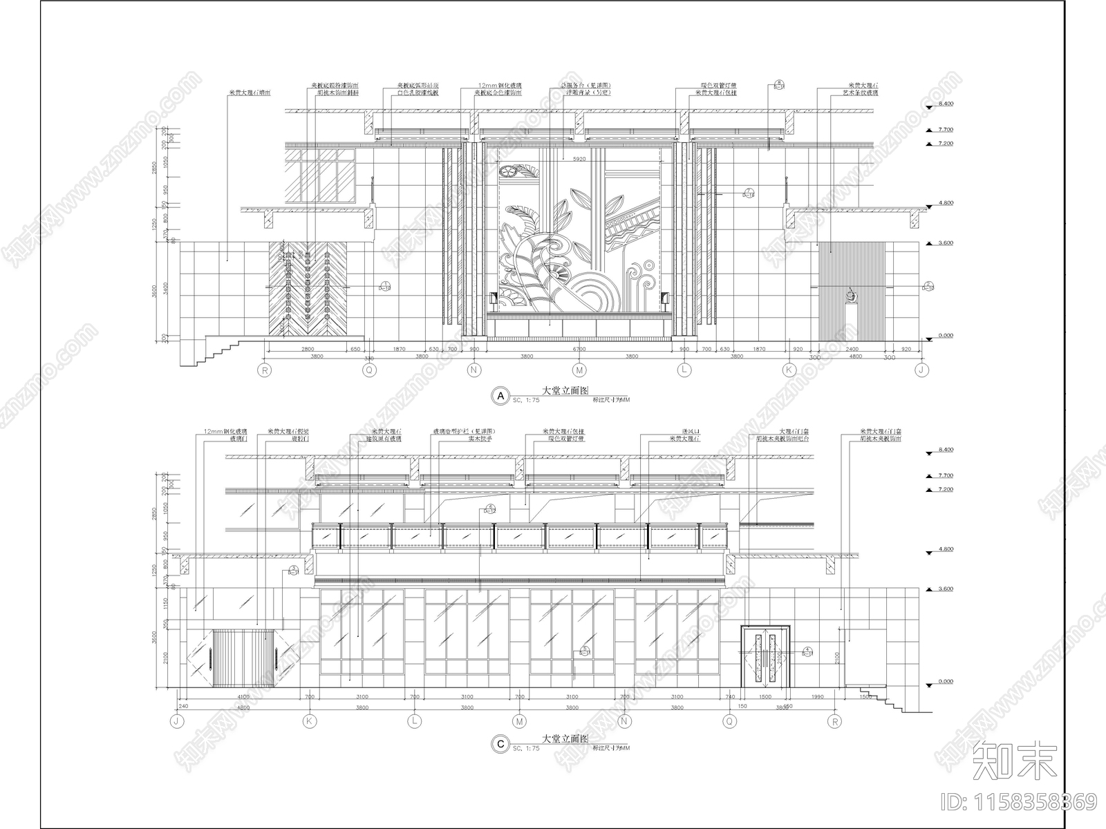 酒店大堂立面装修详图施工图下载【ID:1158358369】