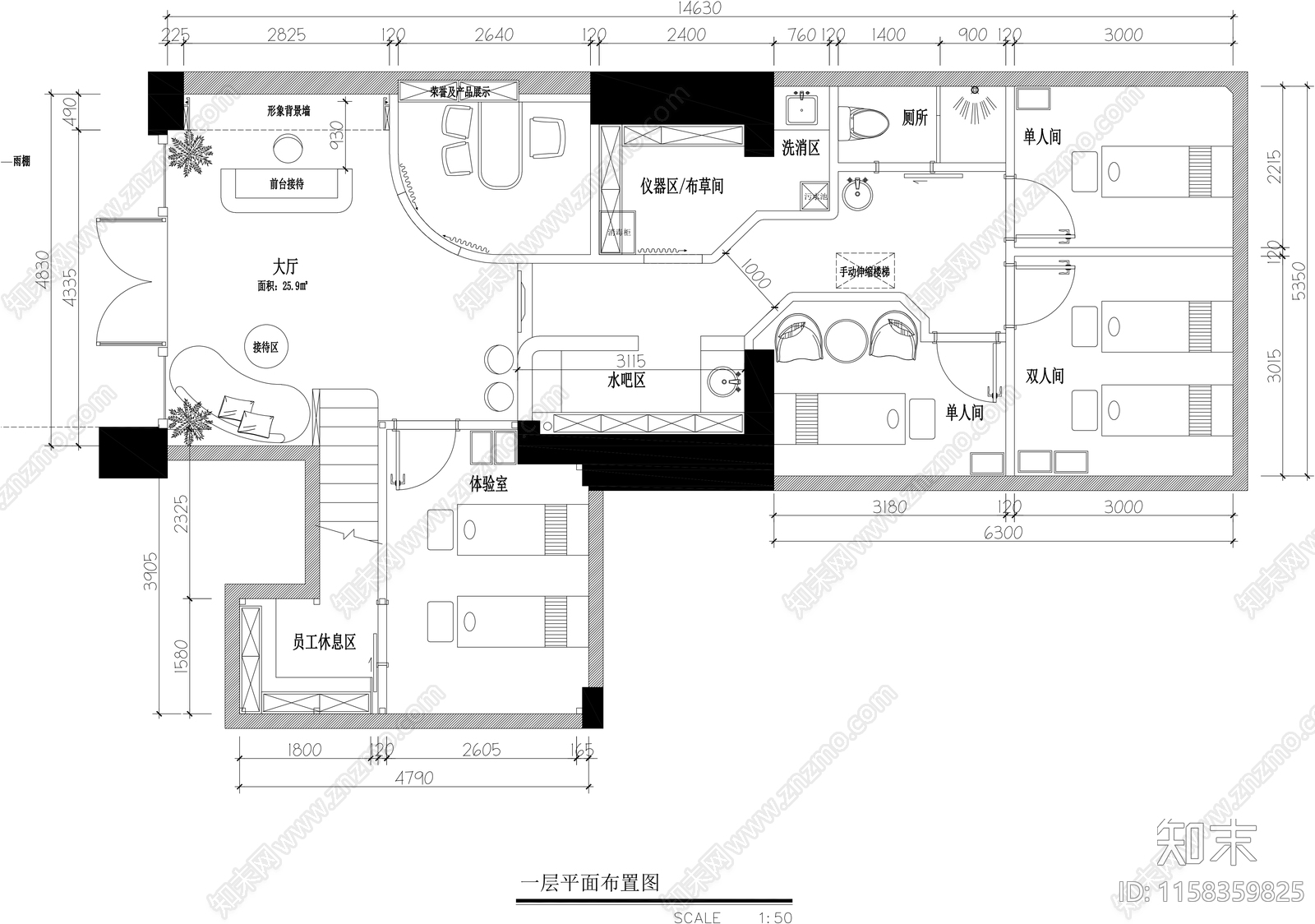 蒲公英科技SPA美容院cad施工图下载【ID:1158359825】