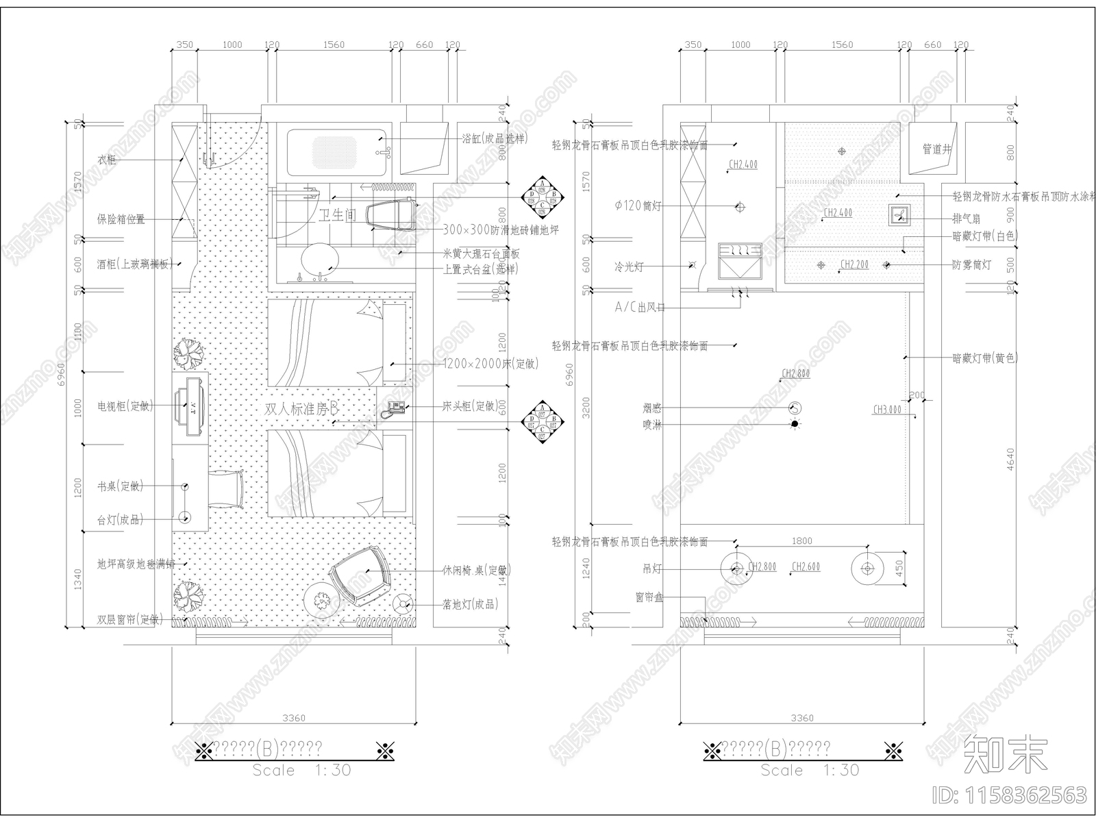 酒店双人标间施工图下载【ID:1158362563】