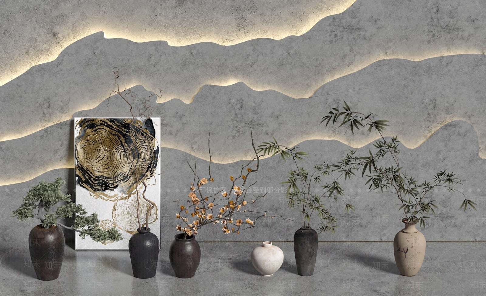 侘寂风罐子盆栽景观3D模型下载【ID:1158363656】