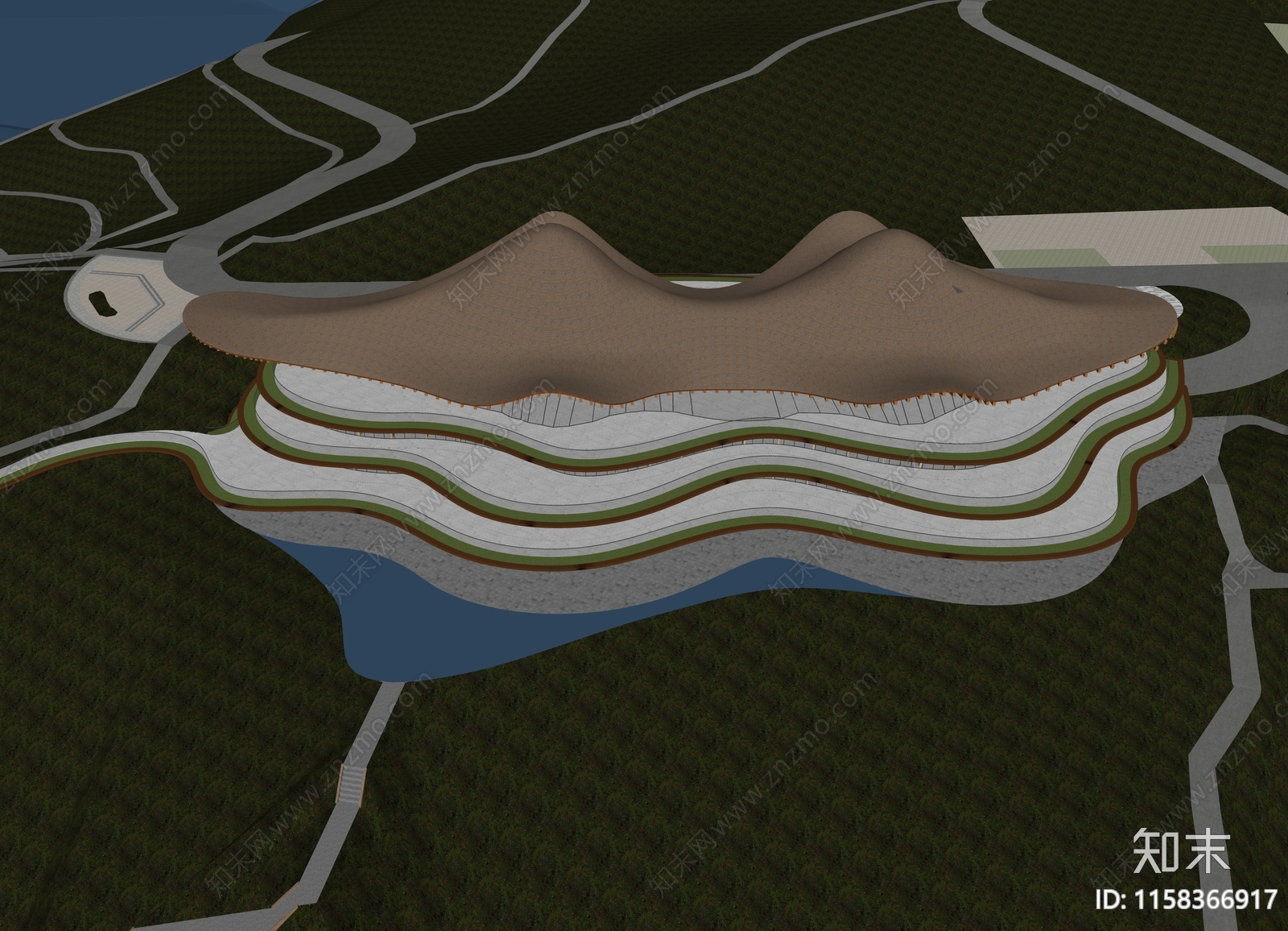 现代田园风弧形游客中心SU模型下载【ID:1158366917】