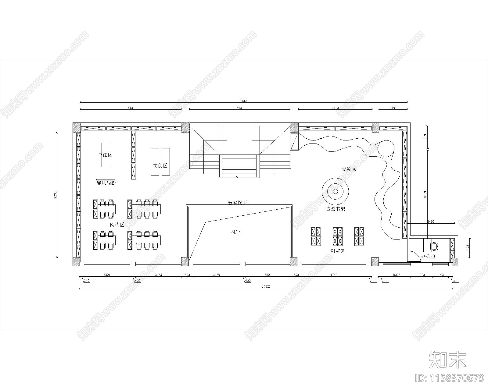 现代两层图书馆平面图施工图下载【ID:1158370679】