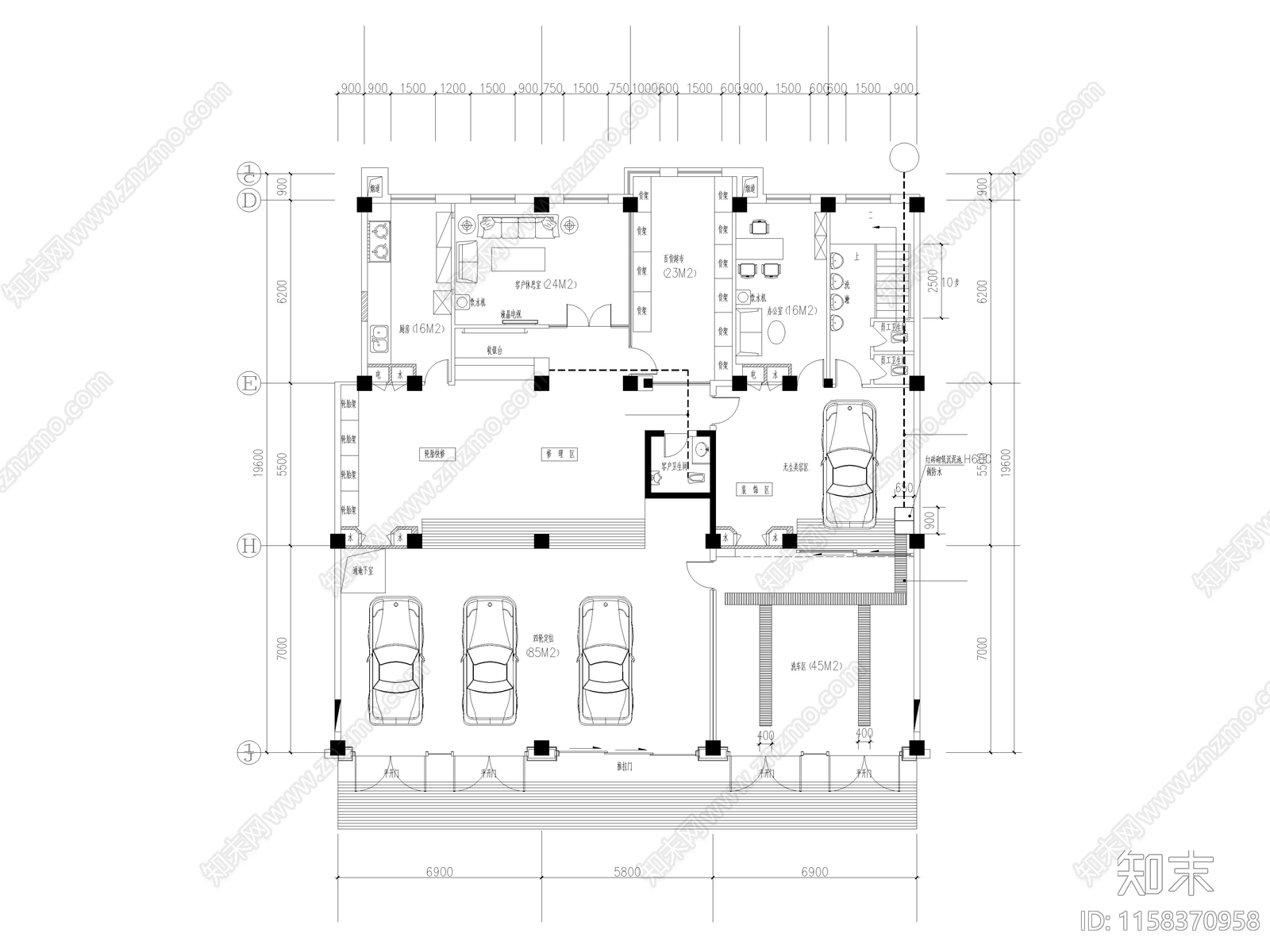 现代汽车美容店平面布置图施工图下载【ID:1158370958】