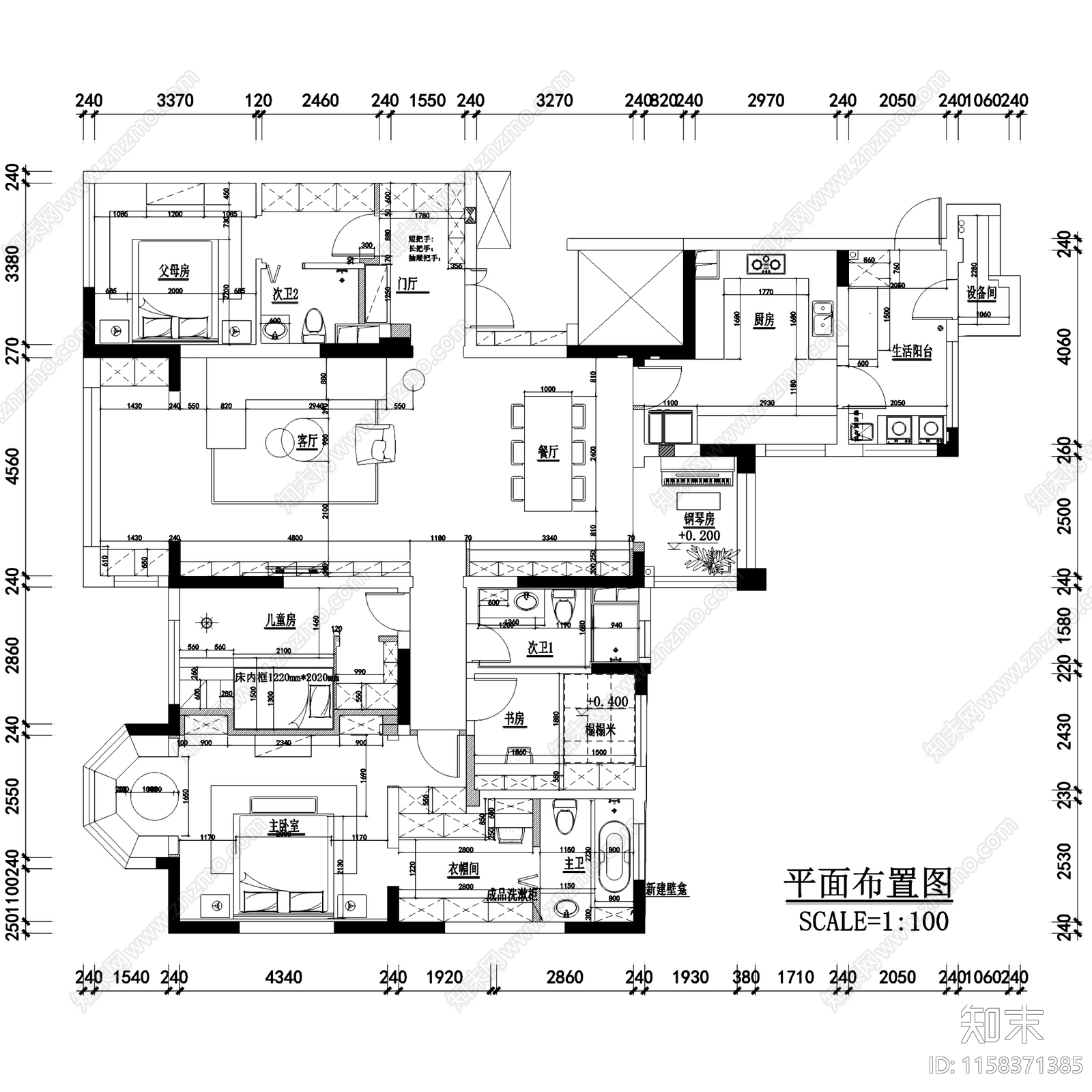 现代简约四室两厅大平层室内家装cad施工图下载【ID:1158371385】