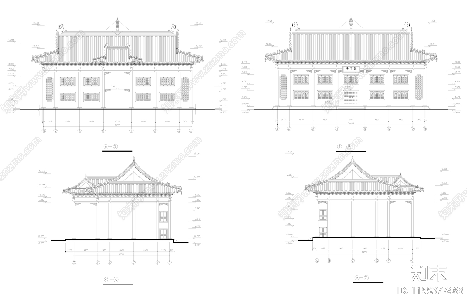 洗心禅寺天王建筑cad施工图下载【ID:1158377463】