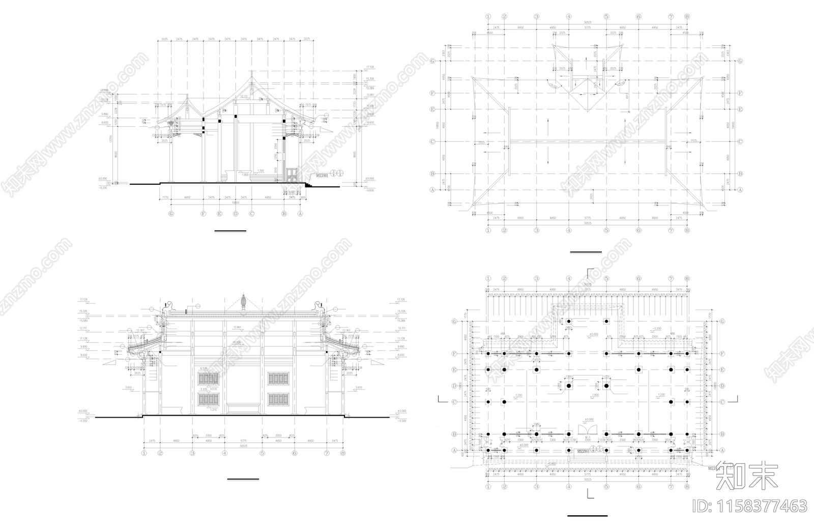 洗心禅寺天王建筑cad施工图下载【ID:1158377463】