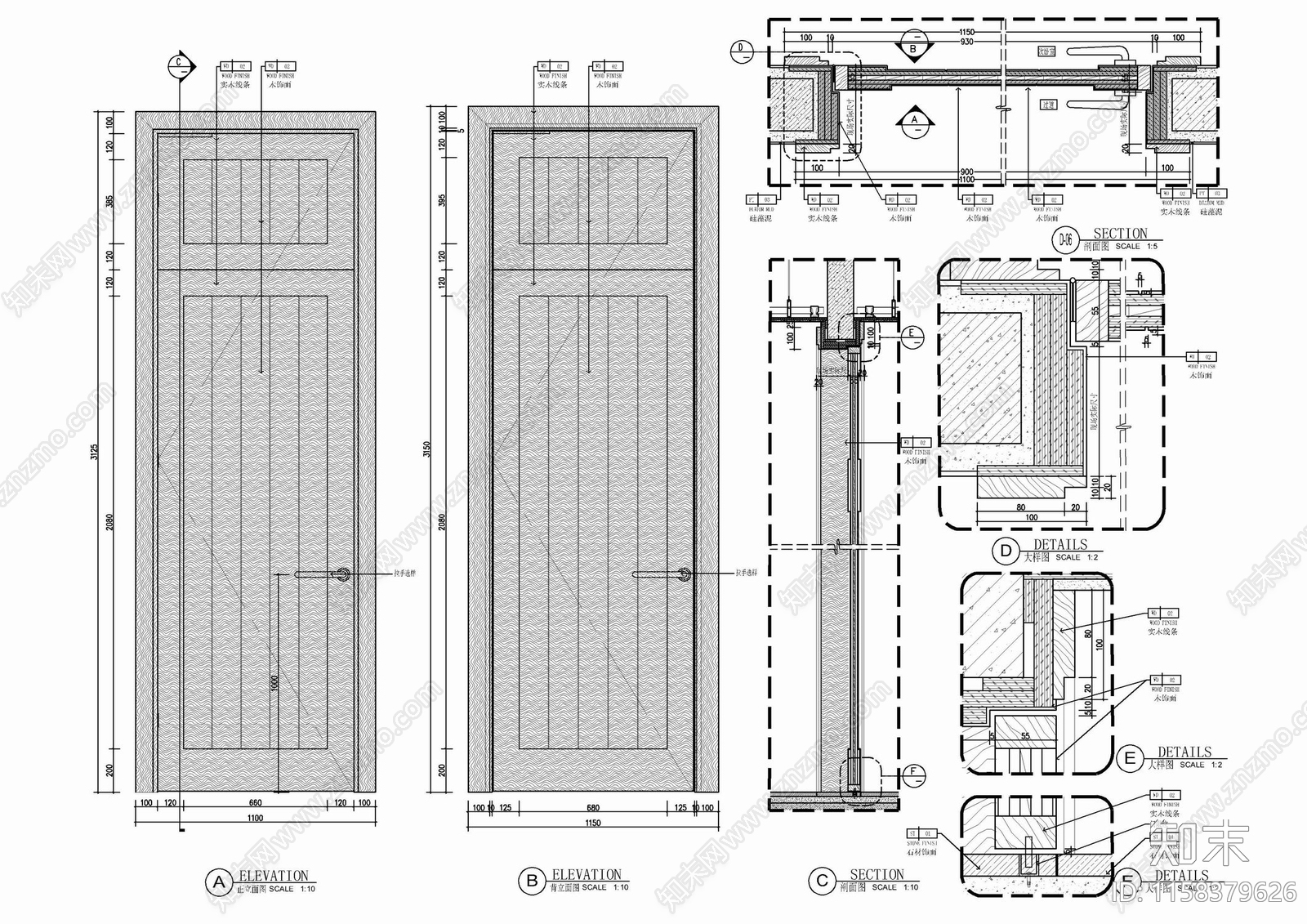 木饰面单开门施工大样详图施工图下载【ID:1158379626】