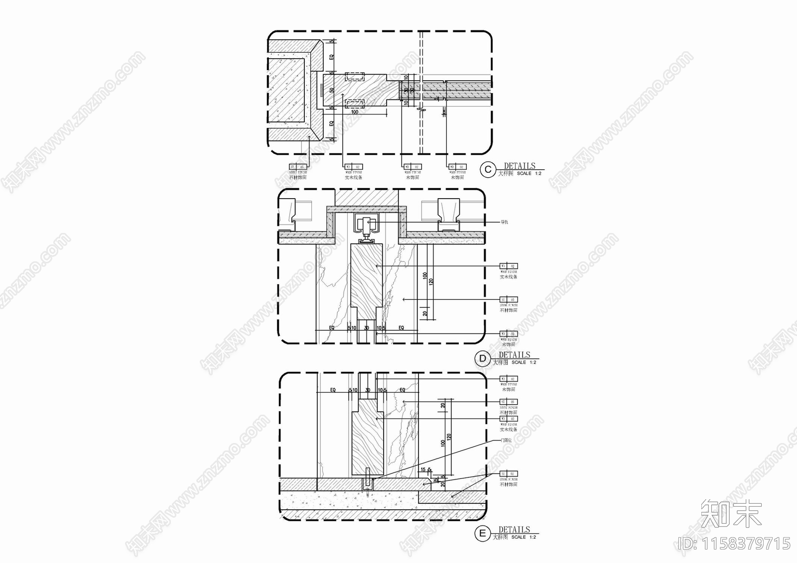 隐藏式入墙式木饰面滑门施工大样详图cad施工图下载【ID:1158379715】