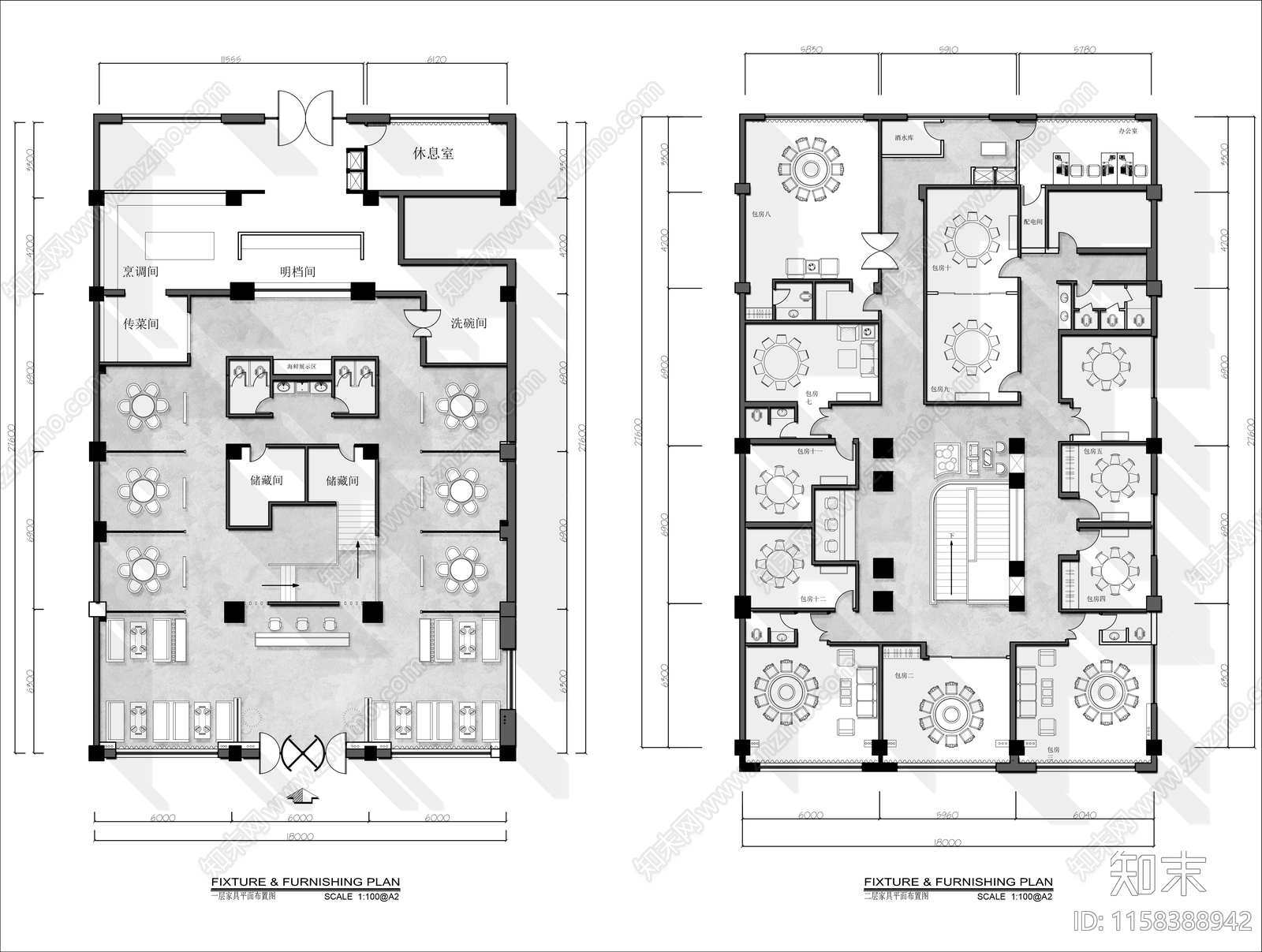 1000㎡两层火锅烧烤店平面布局图施工图下载【ID:1158388942】