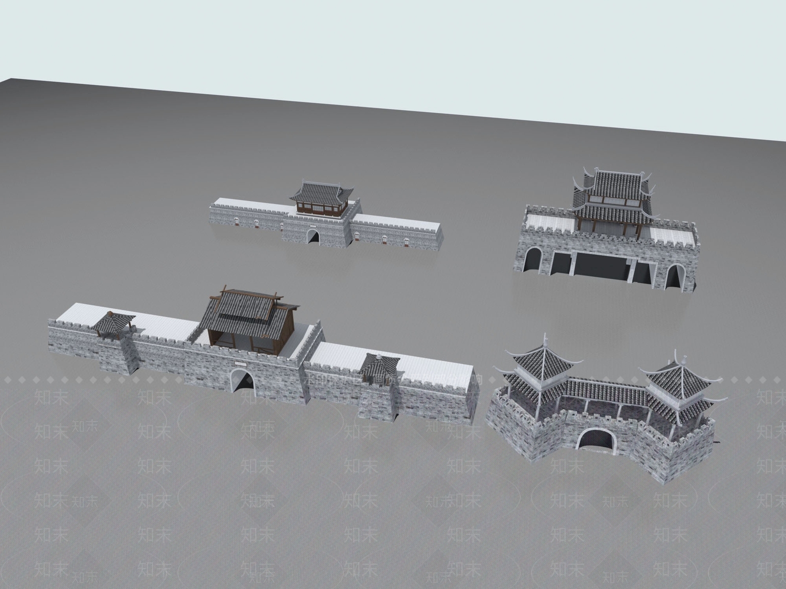 中式古建城墙塔楼3D模型下载【ID:1158400476】