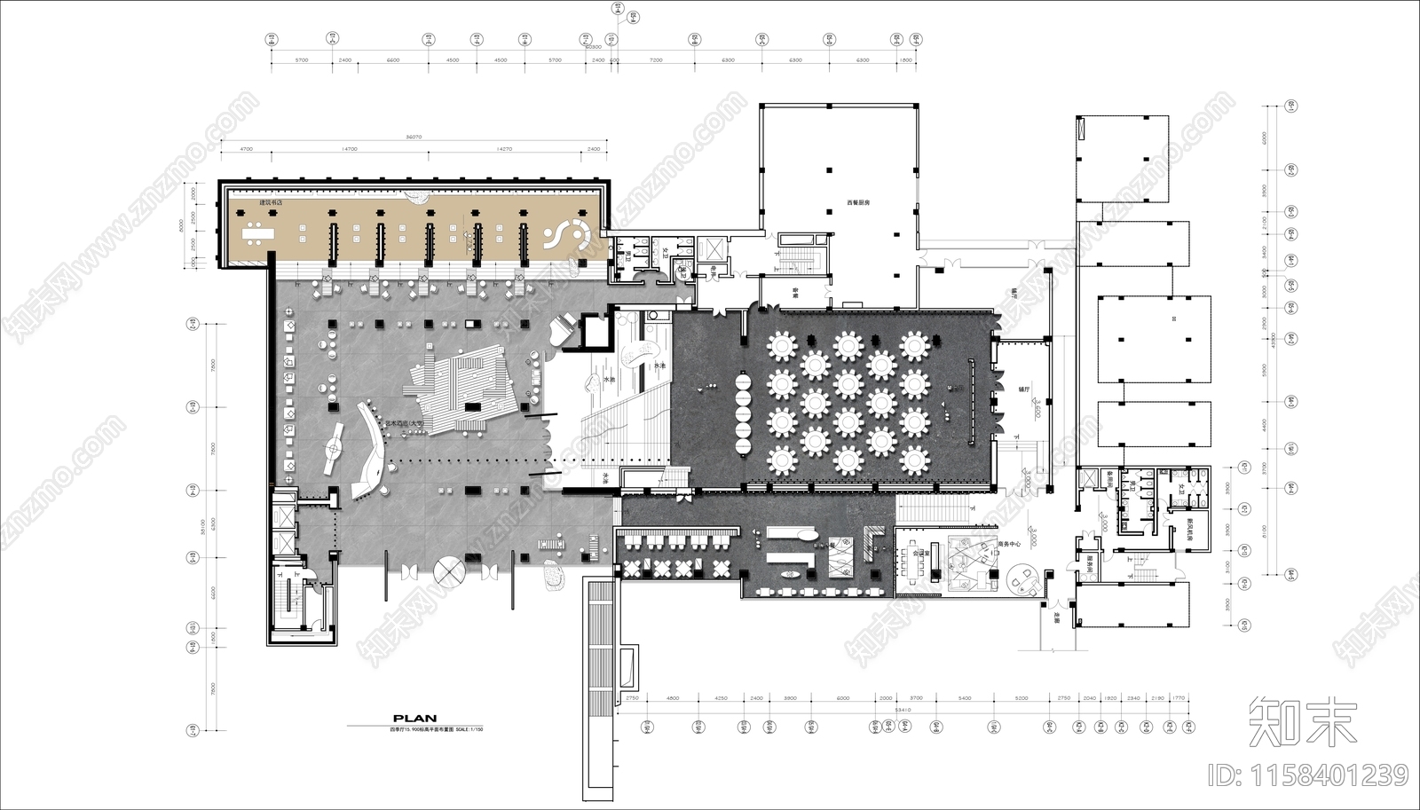 3000㎡酒店大堂餐厅平面布置图施工图下载【ID:1158401239】