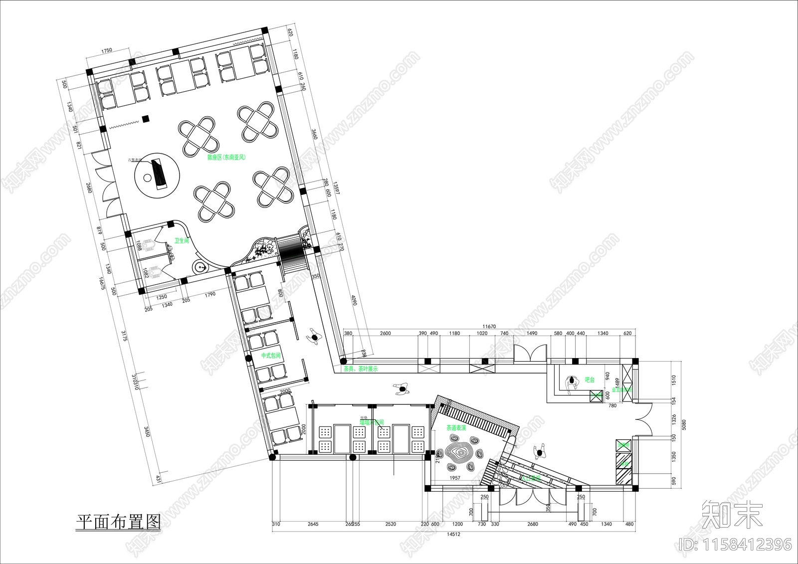 200㎡中式茶艺会所平面布置图cad施工图下载【ID:1158412396】