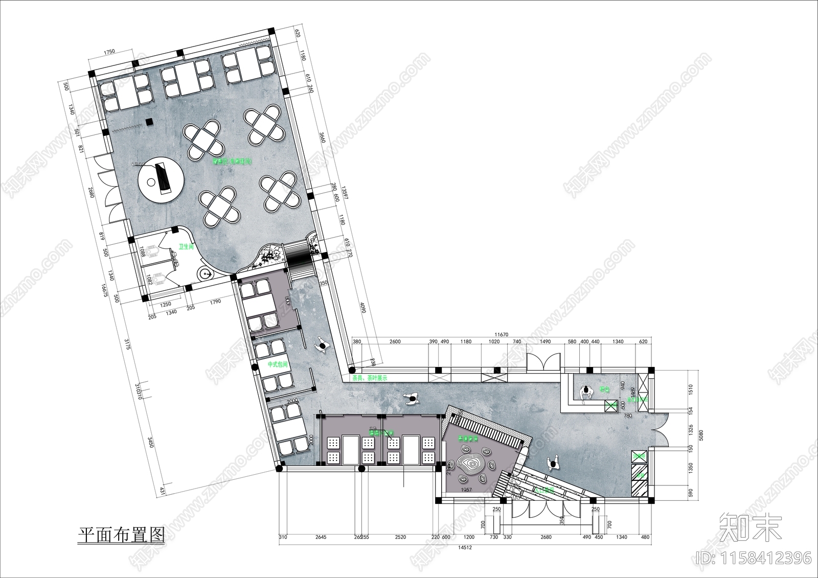 200㎡中式茶艺会所平面布置图cad施工图下载【ID:1158412396】